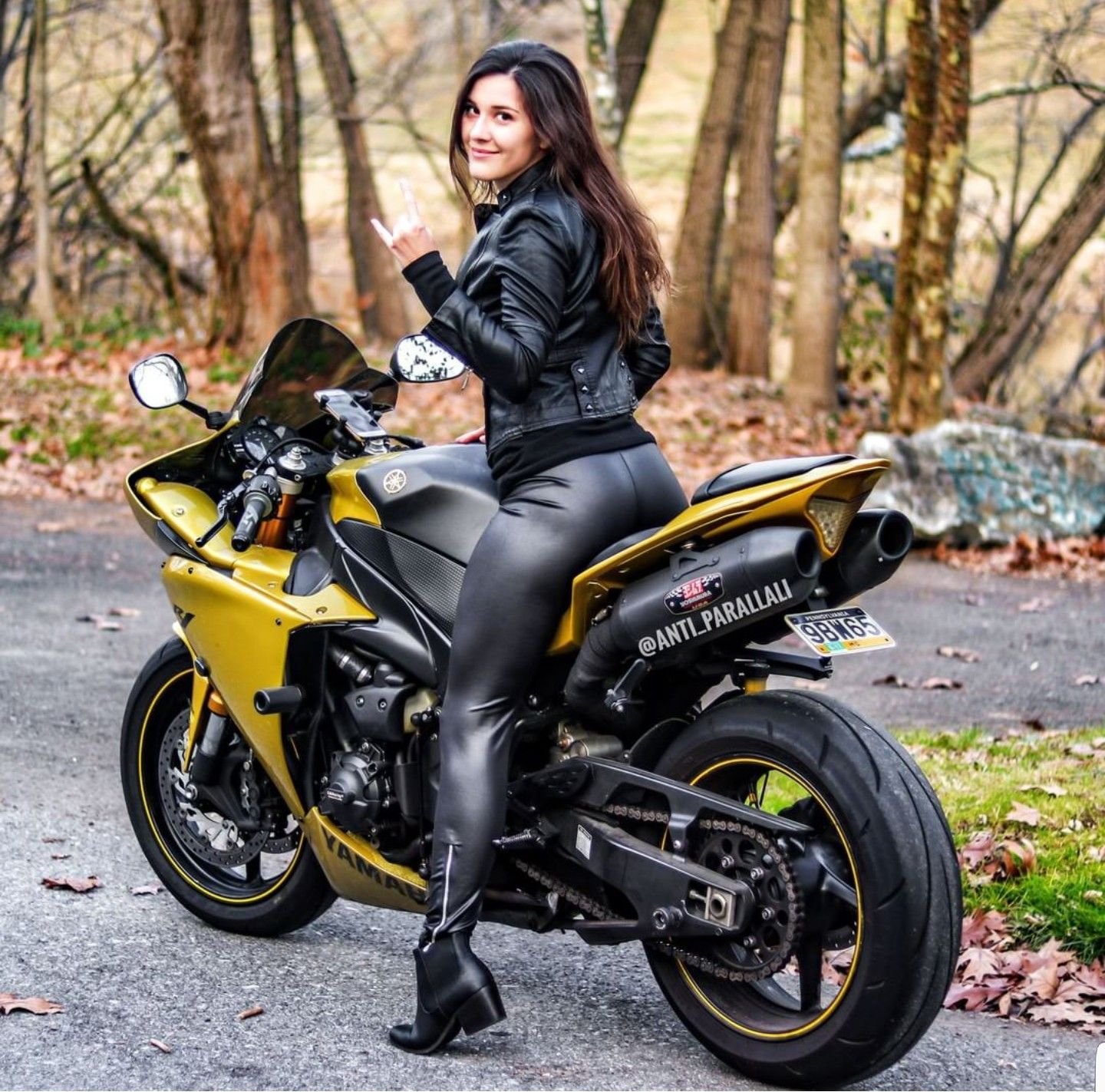Sexy girl Brunettes on a motorcycle in Duning
