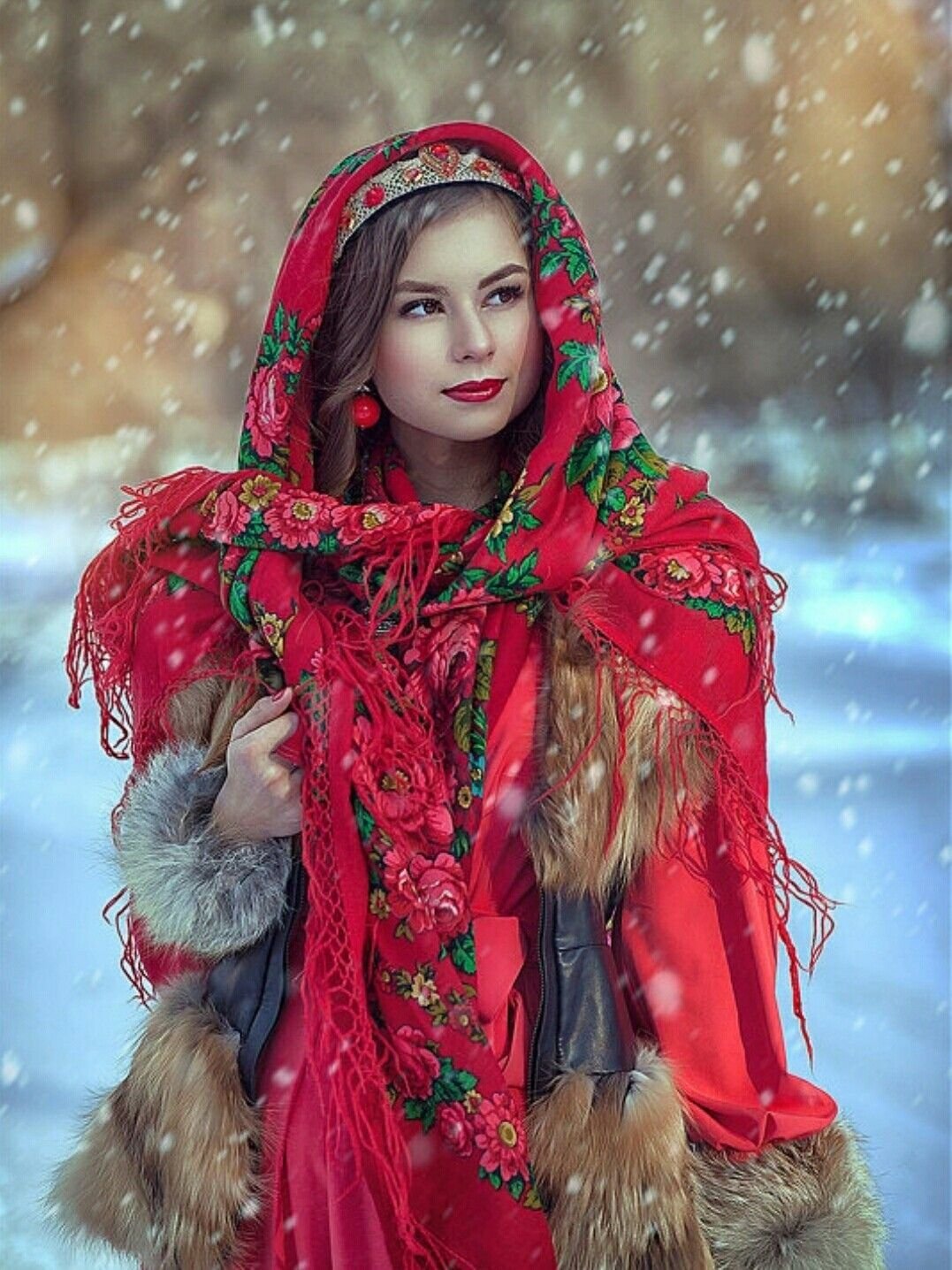 Beautiful girl Women in Slavic costumes in Duning
